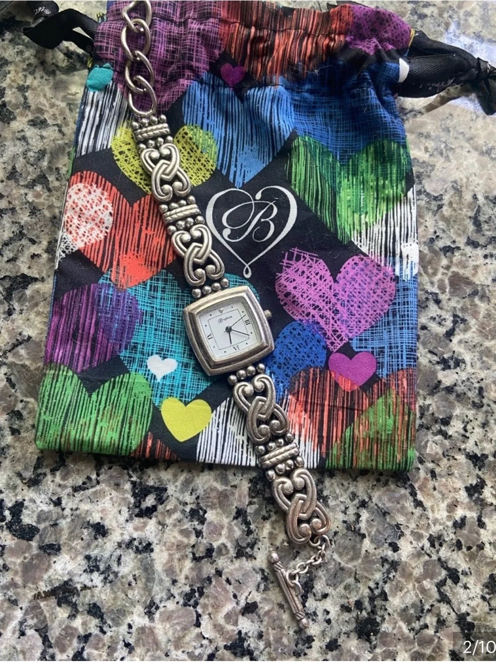 Brighton Vintage Women's Silver Heart Bracelet Watch with Toggle Closure